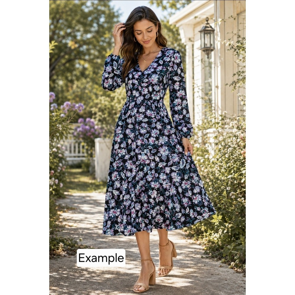 LOFT Dress Women's 10 Black Floral Long Sleeve Midi Puff Shoulder Slit Boho NWT